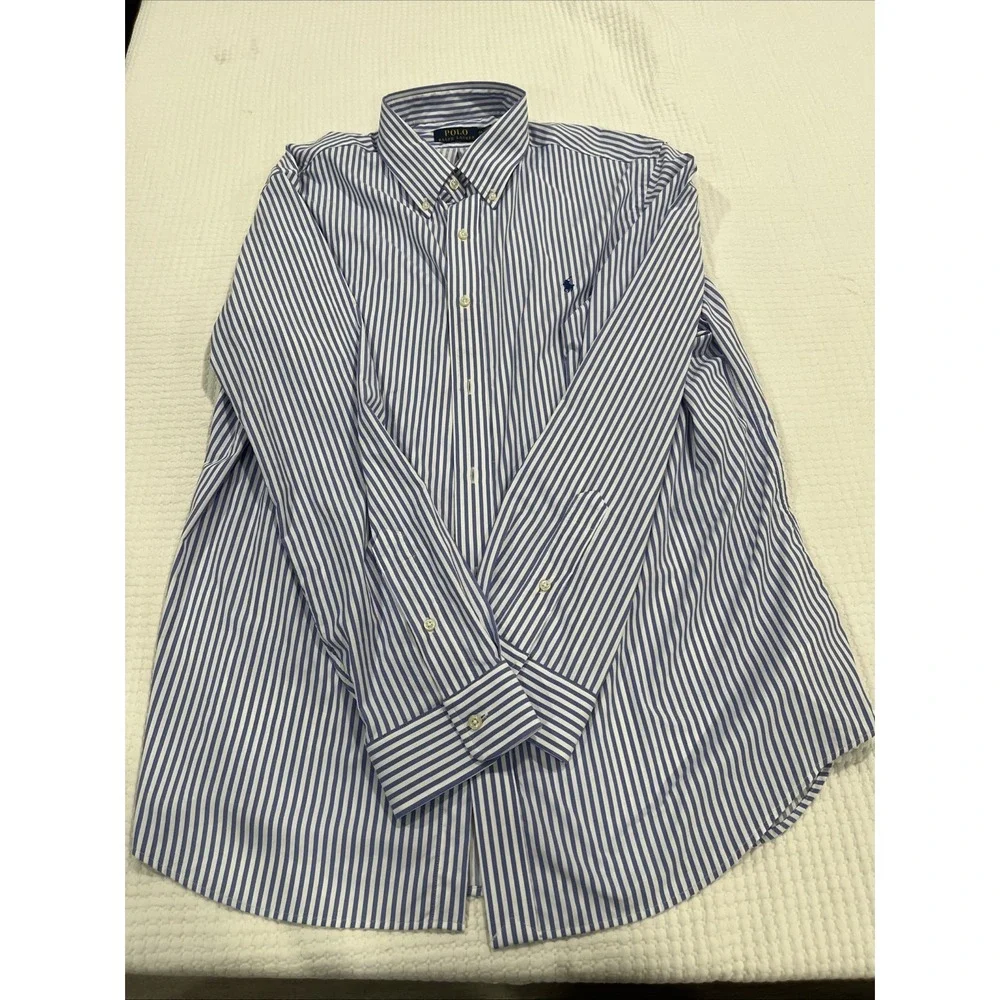 Polo Ralph Lauren Shirt Mens 2XL Blue Stripe Classic Fit Performance Long Sleeve